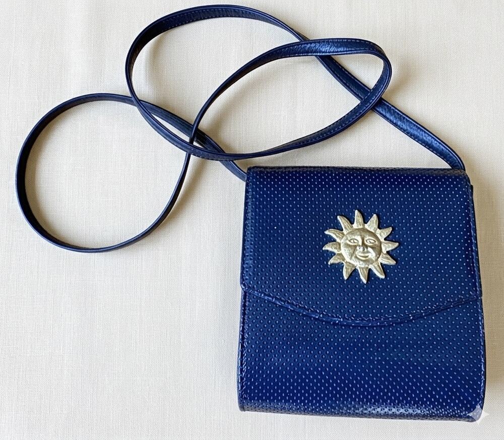Navy Leather Sun Face Crossbody Bag Celestial metal Gold Logo whimsigoth vintage